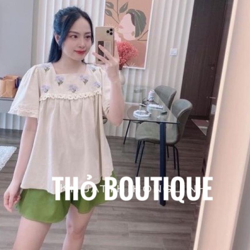 Set bộ babydoll ZARA xuất xịn đũi bố linen cổ vuông tay ngắn viền ren in hoa tím quần short lưng thun ống rộng xanh lá