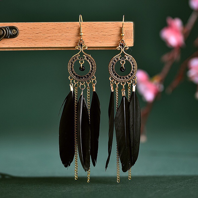 Hoa tai lông vũ khuyên tai boho nữ phong cách cổ điển, dân tộc - Mã HT053