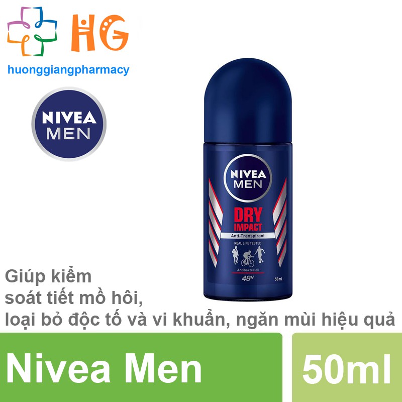 Lăn khử mùi Nivea Men Dry Impact Sáp lăn nách Giúp kiểm soát tiết mồ hôi ngăn mùi khô thoáng trong hoạt động Chai 50ml