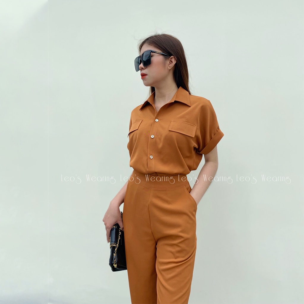 Bộ đồ nữ quần dài ống suông mix áo sơ mi cộc tay sang chảnh LEOSWEARING Thiết kế mặc công sở dạo phố hằng ngày K19