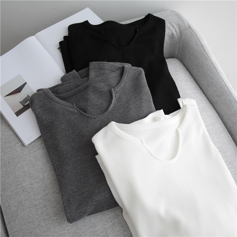 SUA002 Áo thun không cổ khoét tay dài thu đông đen trắng ghi nam nữ Hàn Quốc Áo phông unisex form rộng Ulzzang đẹp hot