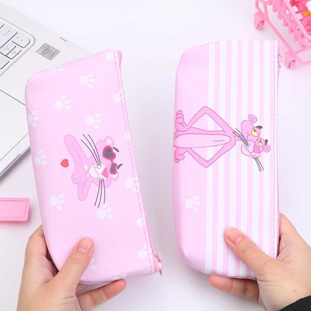 Túi Đựng Bút Bằng Da PU Đa Năng Có Khóa Kéo In Hình Báo Hồng Dễ Thương Ốp