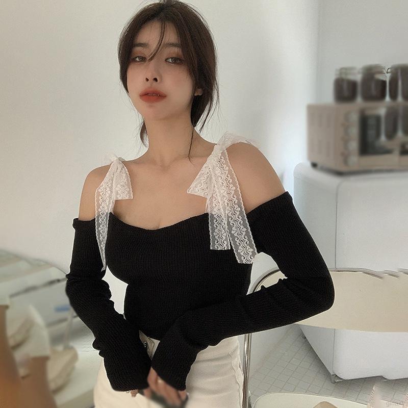 Áo croptop hở vai tay dài phối dây cột ren phong cách Hàn Quốc dành cho nữ