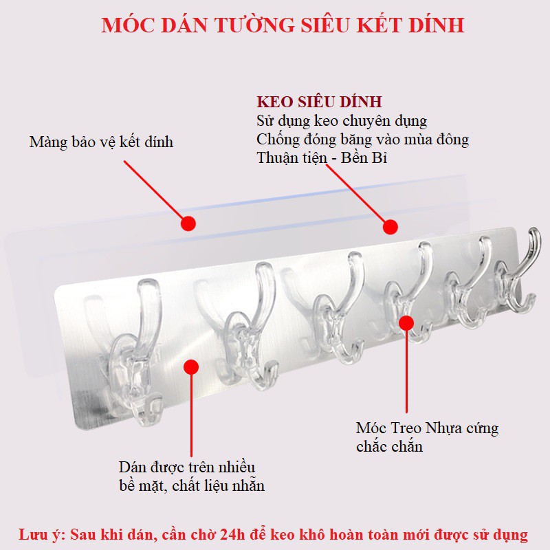 Móc Dán Tường siêu chịu lực 6 Móc Liền Mạch Trong Suốt Chịu Lực 10kg