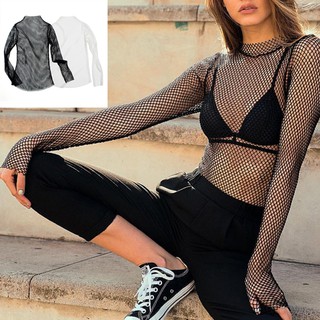 MYQUEEN Áo lưới xuyên thấu màu trơn tay dài cổ tròn cá tính cho nữ