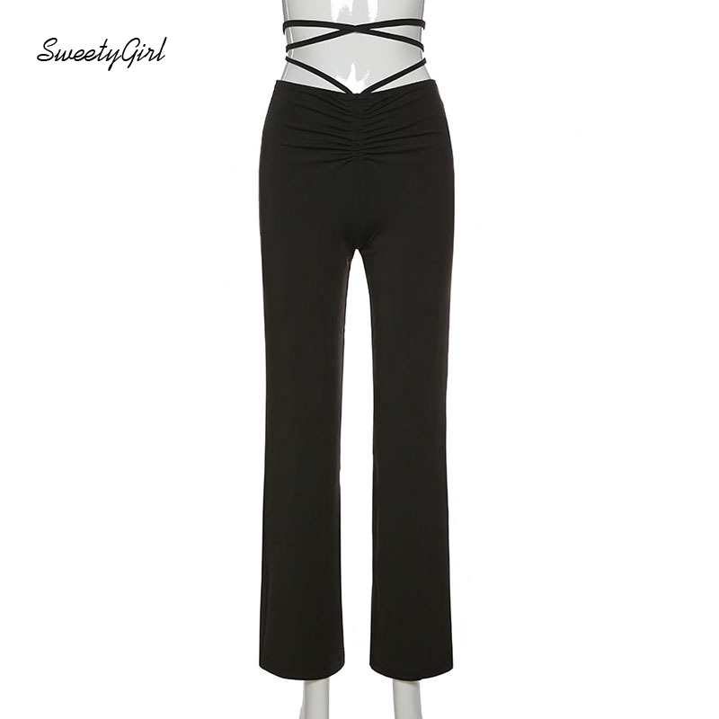 Quần Dài Ống Đứng Lưng Cao Màu Trơn Phối Dây Rút Thời Trang Đường Phố Cho Nữ