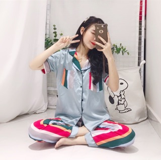 [Xả hàng] Bộ lụa pha màu hoạ tiết áo cộc quần dài