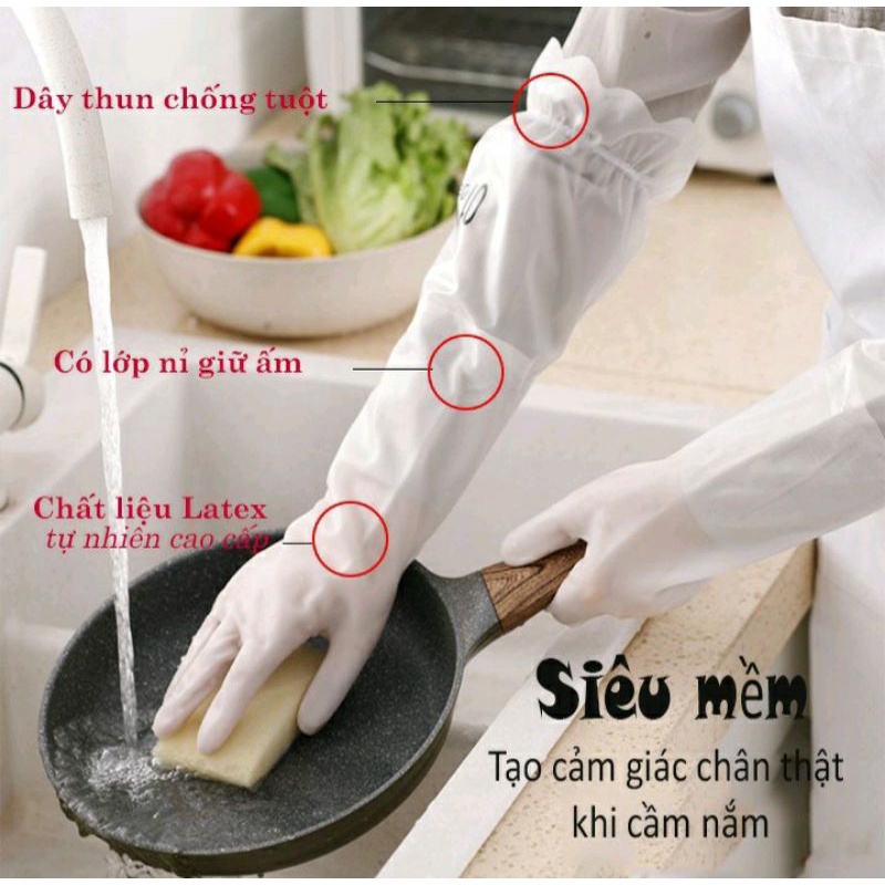 Găng tay cao su lót nỉ ấm bên trong dùng rửa bát, giặt giũ, lau dọn nhà cửa siêu dai, siêu bền