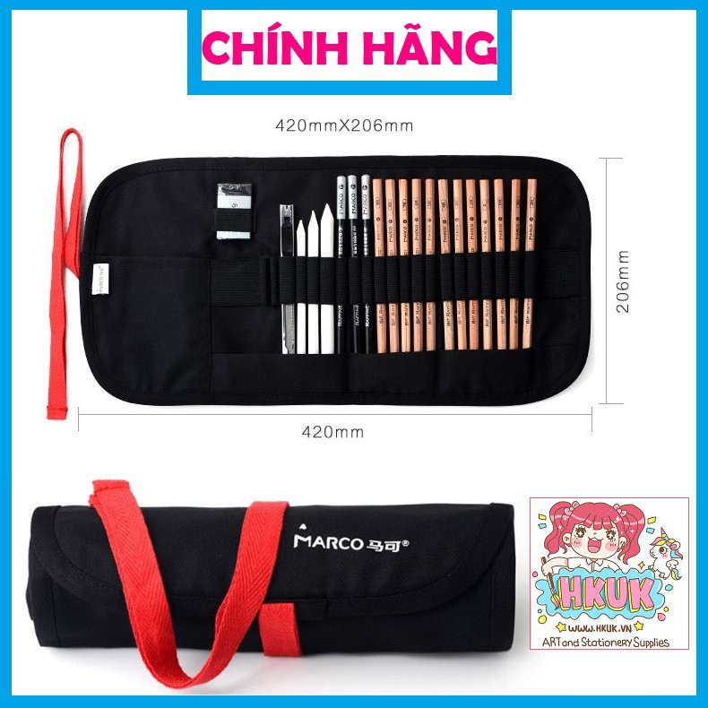 Chì vẽ truyền thần Marco Raffine set túi đen cuộn gồm chì vẽ, chì than, di chì, tẩy, dụng cụ rọc giấy