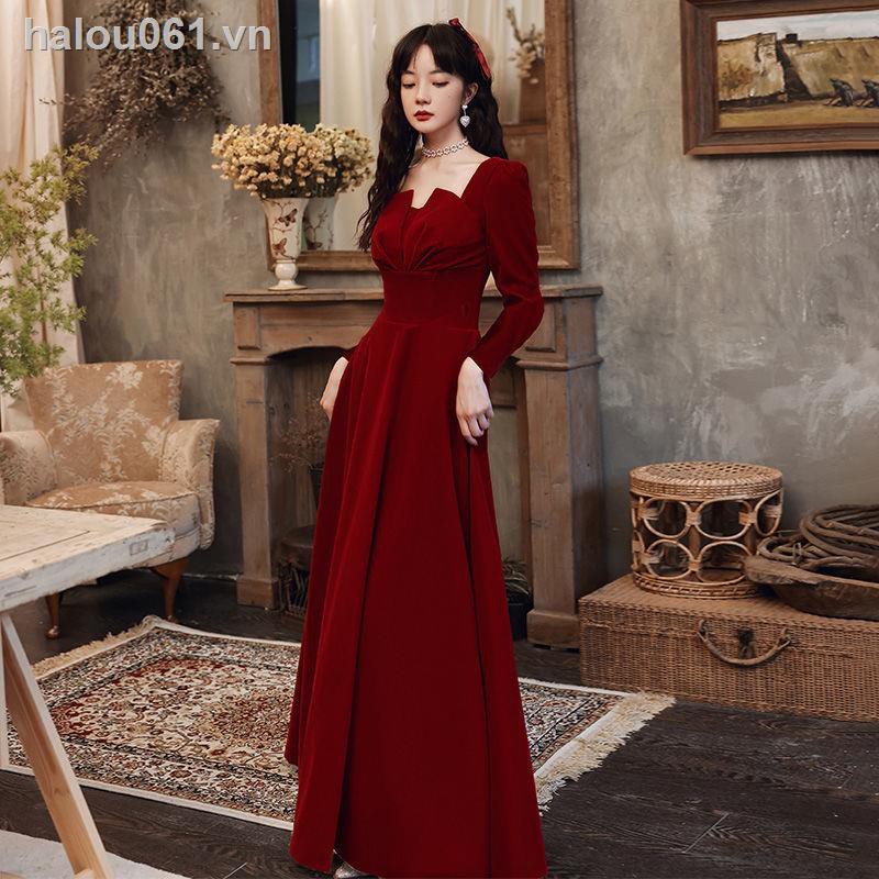 Đầm Cô Dâu Dài Tay Màu Đỏ Rượu Vang Thời Trang Mùa Đông 2020