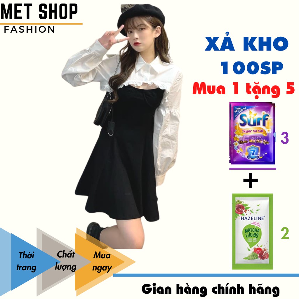 (MUA 1 TẶNG 5)Sét áo croptop sơ mi bèo trắng dài tay mix váy 2 dây xòe thời trang Ulzzang.Váy 2 dây Vintage với áo khoác