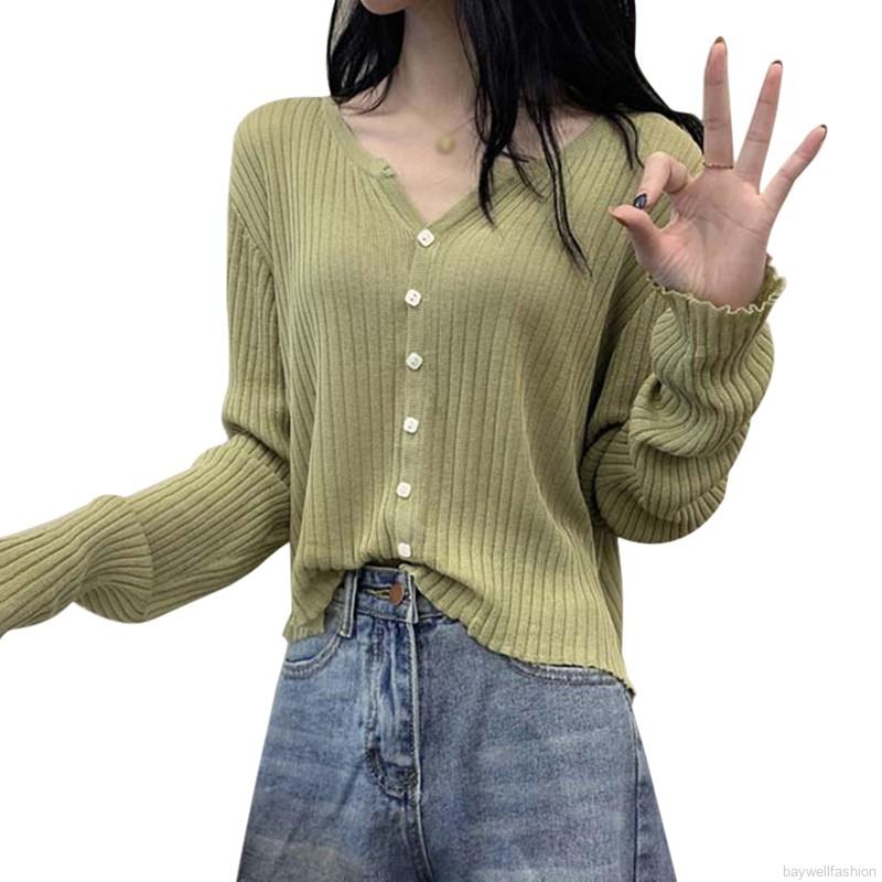 [Baywellfashion]Áo Khoác Cardigan Dệt Kim Tay Dài Cổ Chữ V Màu Trơn Phối Nút Xinh Xắn Cho Nữ | BigBuy360 - bigbuy360.vn