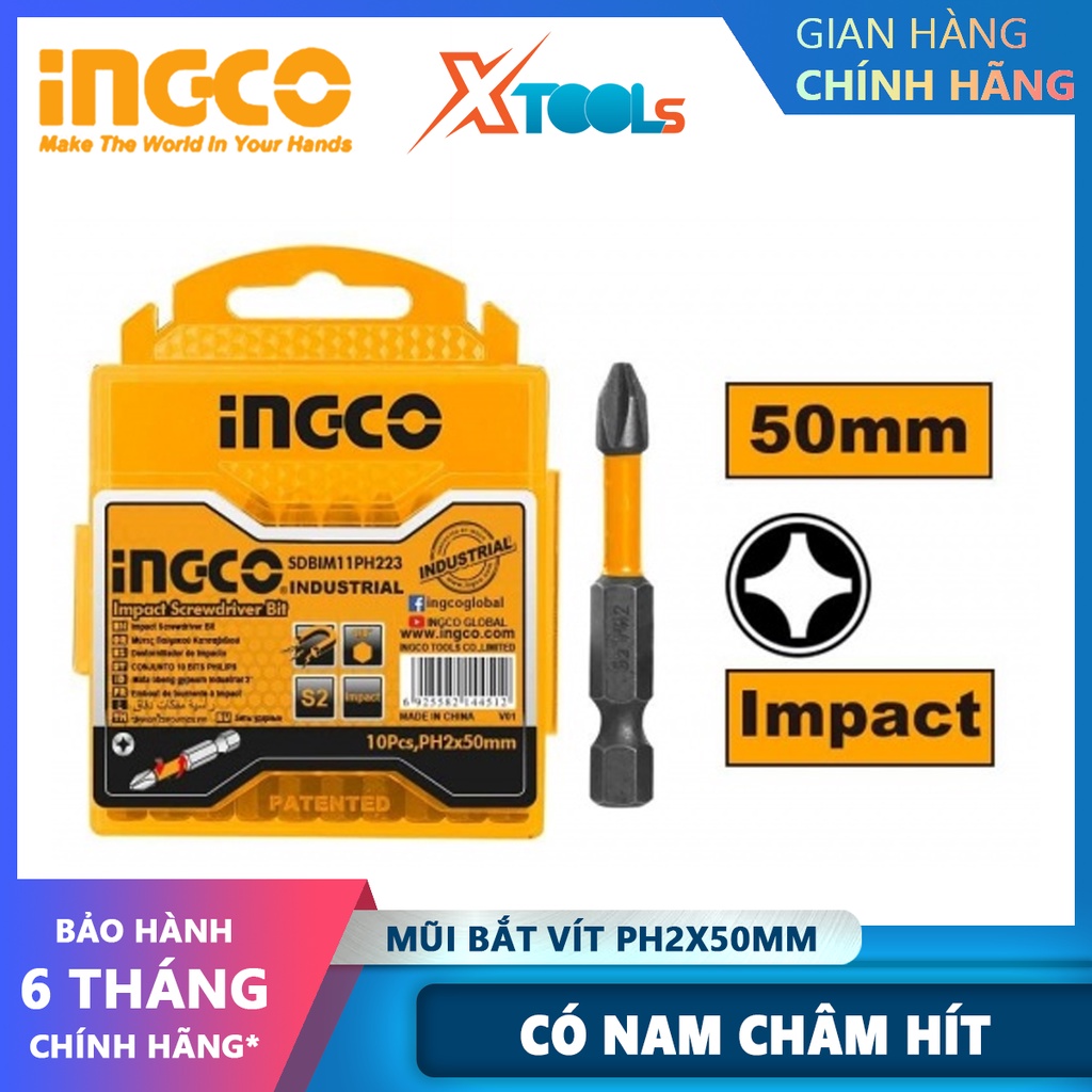Mũi bắt vít INGCO SDBIM11PH223 | đồ nghề bắt vít 2 đầu PH2 50mm, chất liệu thép công nghiệp S2 có nam châm hít mũi bắn v