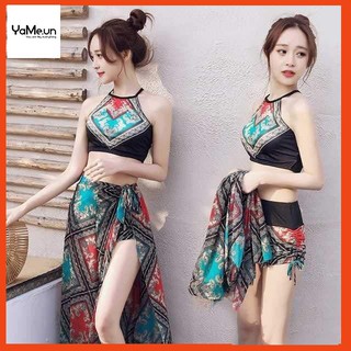 Bikini đi biển hoạ tiết thổ cẩm set bộ 3 món cực xinh hàng đẹp