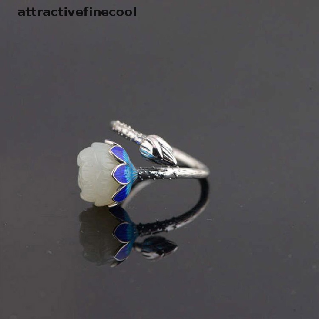 Acvn Nhẫn Bạc Đính Đá Ngọc Bích Màu Xanh Lam Hình Hoa Sen Thủ Công Phong Cách Retro Cho Nữ