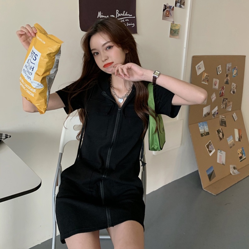 Đầm hoodie PERTY ôm vừa vặn tay ngắn có khóa kéo phong cách Hàn Quốc thời trang dành cho nữ