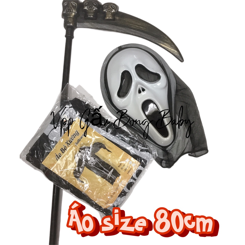 Nguyên set áo bộ xương hóa trang thần chết gồm áo mặt nạ, lưỡi hái - trang phục hóa trang thần chết lễ hội Halloween.