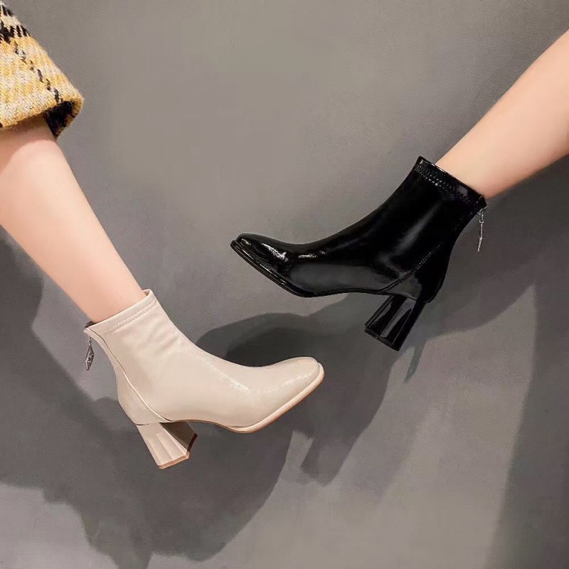 (hình thật) Boot lửng da bóng mũi tròn gót vuông