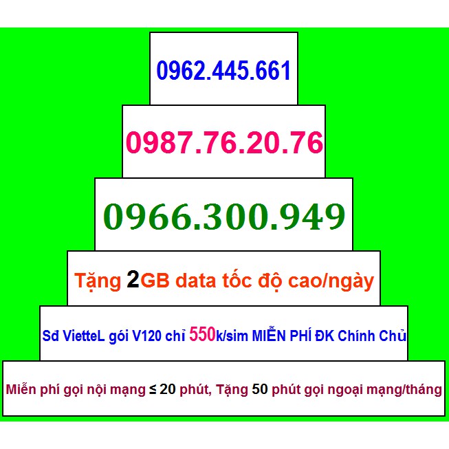 Sim Đẹp Viettel GIÁ 550k GÓI khủng V120 Miễn phí GỌI + Data tốc độ cao - HỖ TRỢ ĐĂNG KÝ CHÍNH CHỦ ( xem chi tiết Sp)