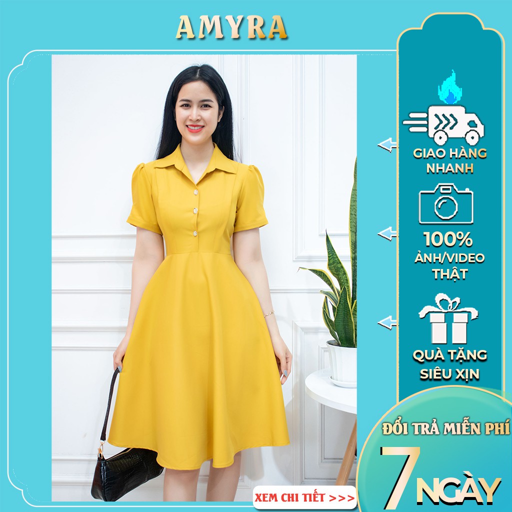 Đầm công sở thiết kế AMYRA Váy dáng Xòe Cổ Sơ Mi màu Vàng Trơn Nút chất liệu cotton lạnh Da032