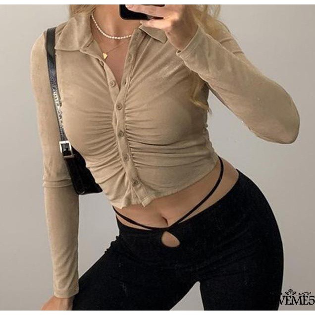 Áo Croptop Tay Dài Cổ Bẻ Màu Sắc Thanh Lịch