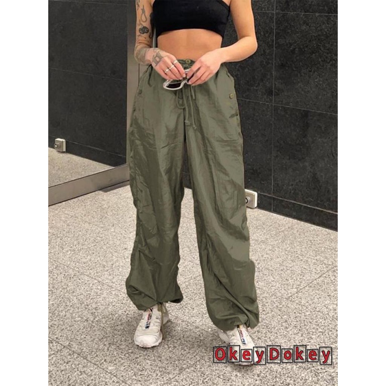 OKDK-Quần Jean Women´s Fashion Long Pants Elastic Waist Tie-Up Side Pockets Loose Fit Trousers