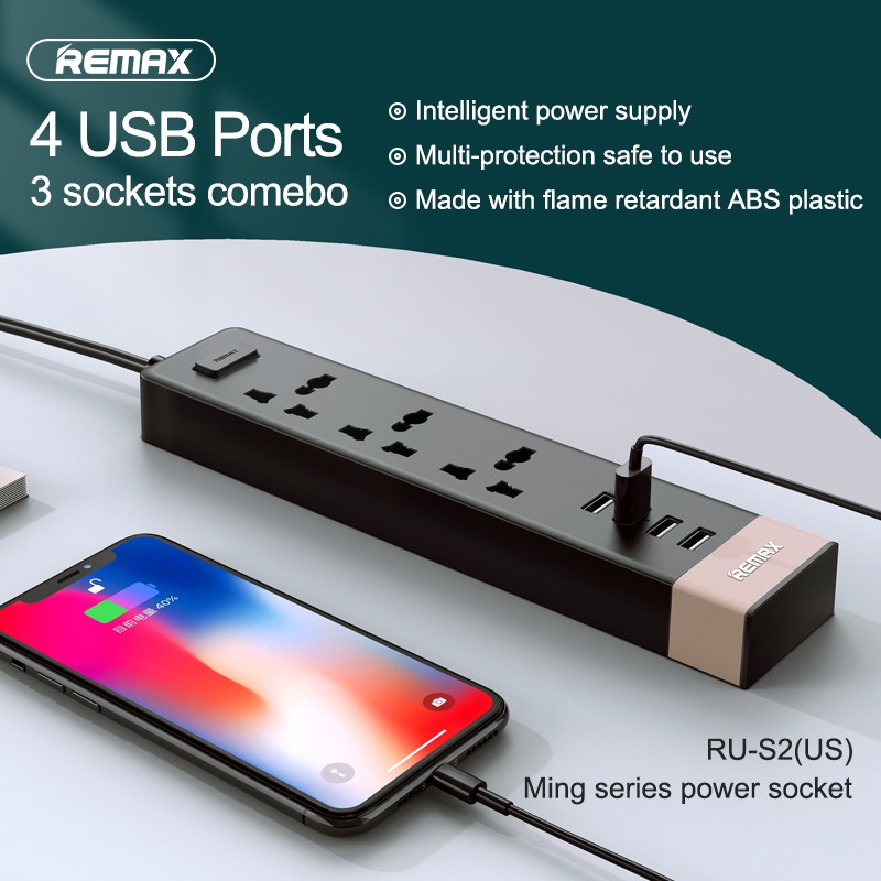 Ổ Cắm Điện Remax RU-S2 Kiêm Cốc Sạc 4 Cổng USB - BH 6 tháng - Hưng Long PC