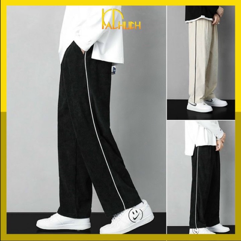 QUẦN ỐNG RỘNG NHUNG TĂM LINE VIỀN 2 MÀU ĐEN VÀ KEM 40-70kg-KCFE