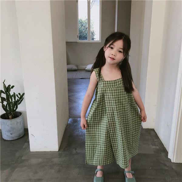 Đầm Yếm Hai Dây Dáng Rộng Họa Tiết Sọc Caro Phong Cách Hàn Quốc Cho Bé Gái 3-4 Tuổi