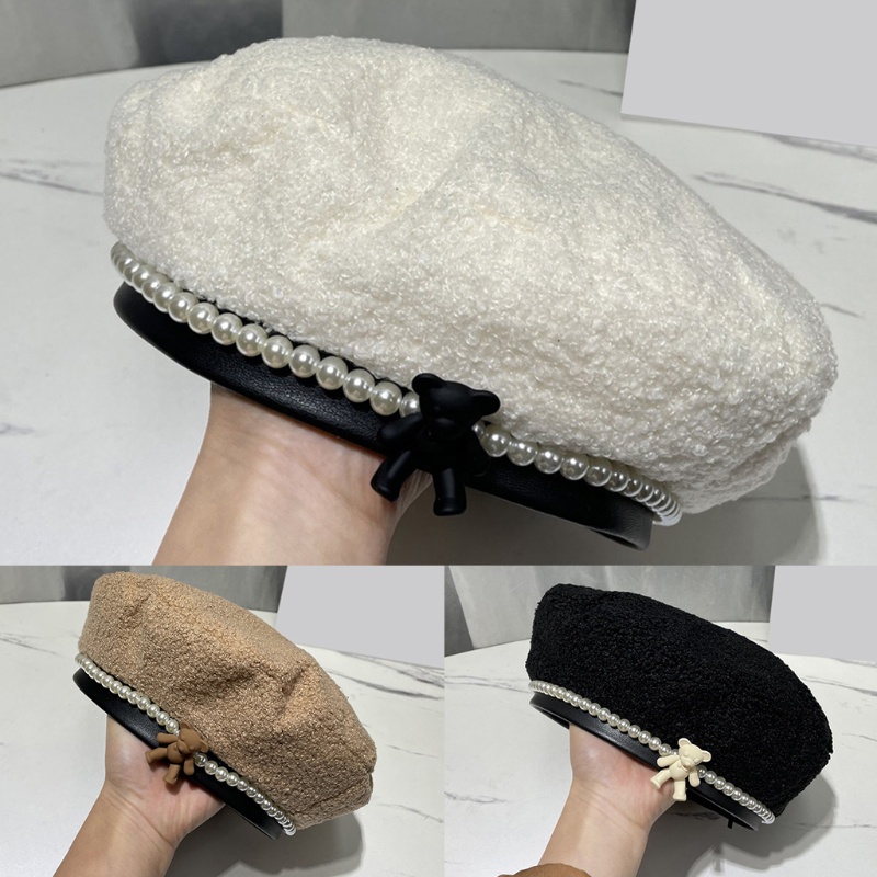 Mũ Beret Hình Gấu Đính Ngọc Trai Thời Trang Mùa Đông