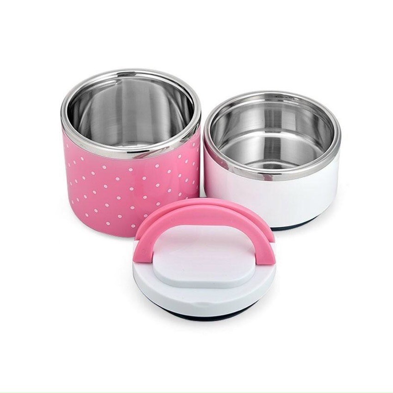 Hộp cơm chấm bi giữ nhiệt thực phẩm ruột Inox 2 tầng