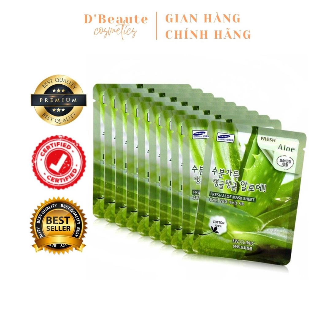 [Mẫu mới] Bộ 10 gói mặt nạ dưỡng ẩm da chiết xuất nha đam 3W Clinic Fresh Aloe Mask Sheet 23ml X 10 - Hàn Quốc Chính Hãn