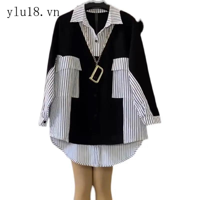Hàng Có Sẵn Áo Sơ Mi Dáng Rộng Vừa Vặn Kẻ Sọc Màu Tương Phản Phong Cách Phương Tây Cỡ Lớn Cho Nữ