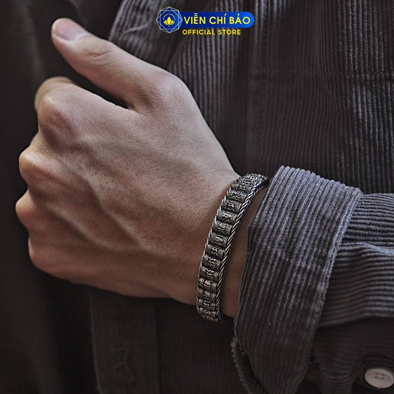 Lắc tay bạc nam khắc Lục tự chân ngôn mặt vuông chất liệu bạc Thái 925 thương hiệu Viễn Chí Bảo L100290