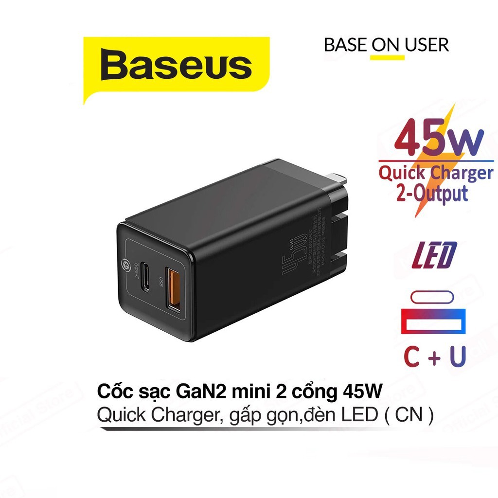Cốc sạc nhanh 45W Baseus GaN2 chuôi dẹt cổng USB và Type-C trang bị đèn Led cho Smartphone/Tablet