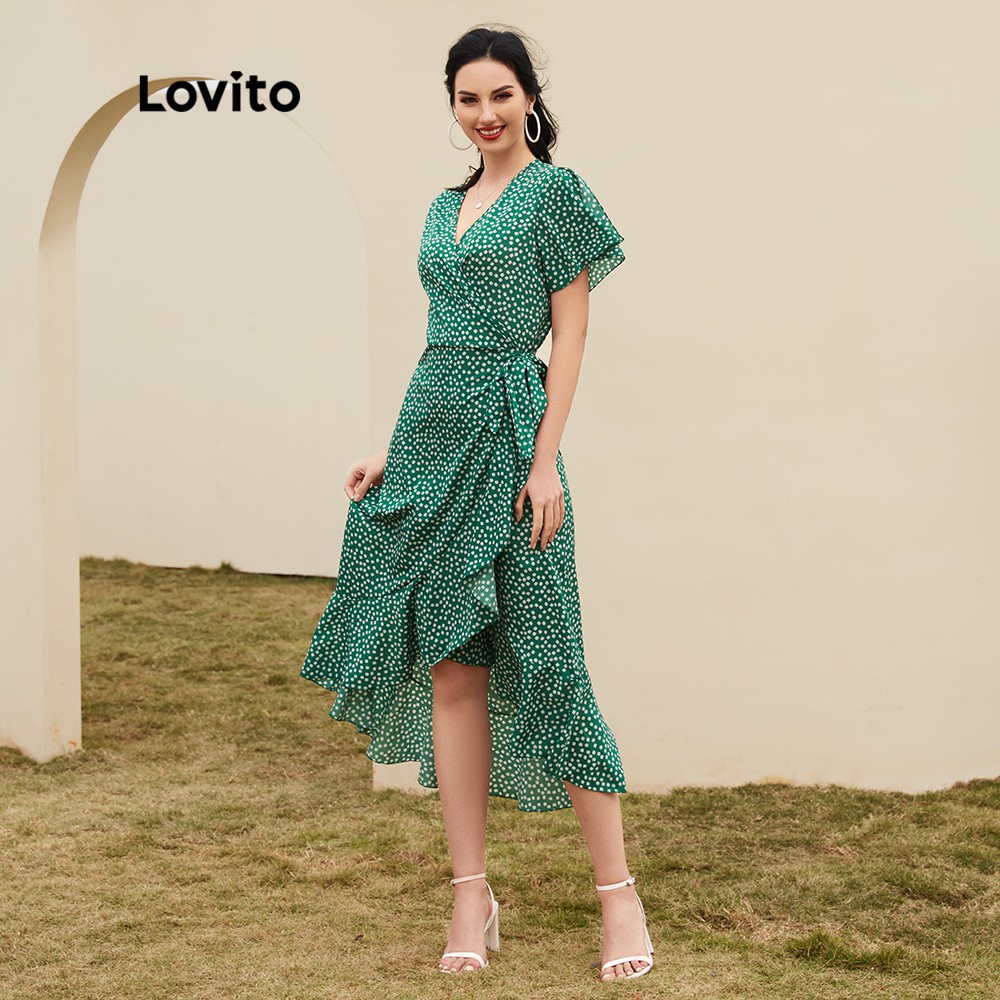 Lovito Đầm cổ chữ V xẻ sâu họa tiết chấm bi phong cách Boho màu xanh lá L12014 | BigBuy360 - bigbuy360.vn