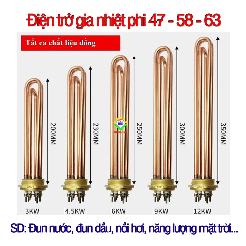 Điện trở gia nhiệt phi 47 58 tất cả bằng đồng thau công suất 6 12KW điện áp 220/380V