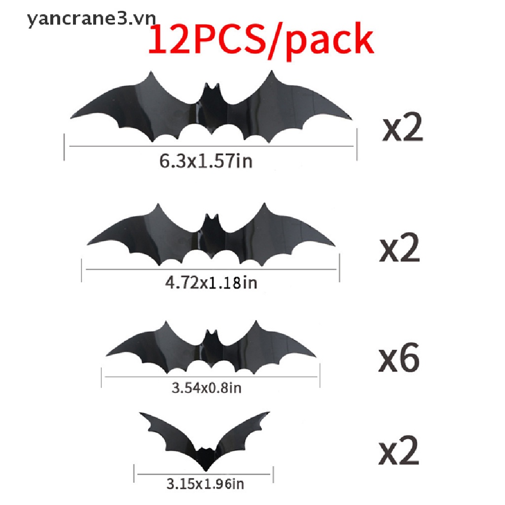 Bộ 12 Sticker Dán Trang Trí Tiệc Halloween Hình Dơi 3D Bằng PVC Màu Đen