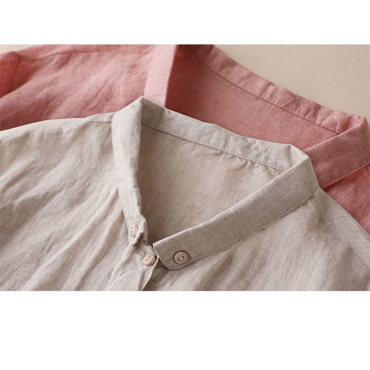 Áo Sơ Mi Cotton Lanh Tay Dài Cổ Đứng Chống Nắng Màu Hồng Thời Trang Mùa Thu 2022