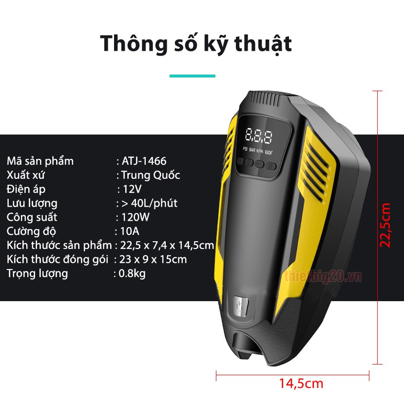 Máy bơm lốp ô tô điện tử ATJ-1466 - Có đèn pin, tự ngắt và cài đặt cân hơi (Điện 12V)