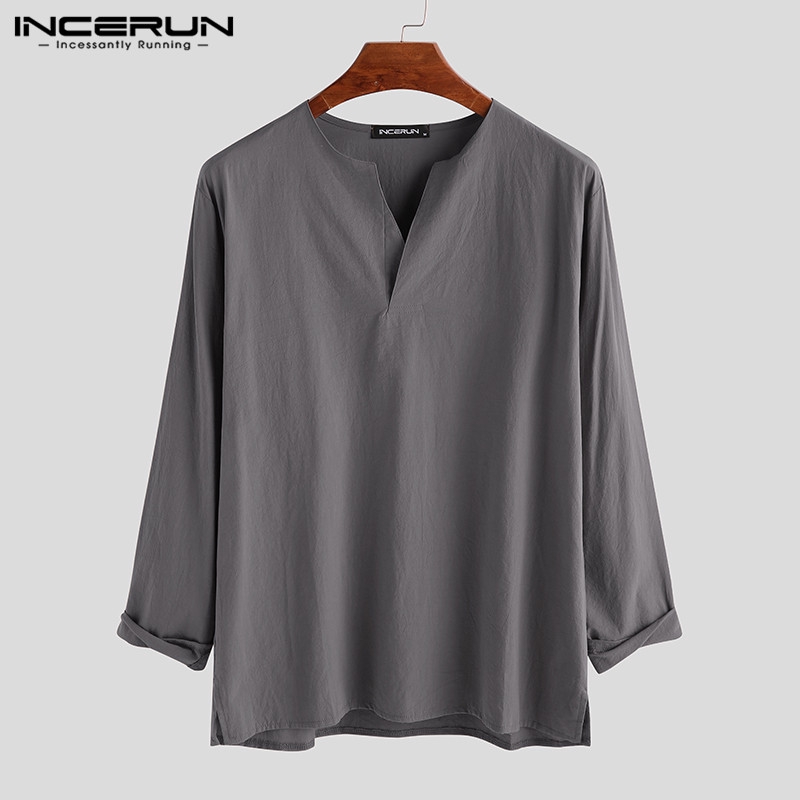 Áo vải lanh INCERUN tay dài cổ chữ V thời trang cho nam