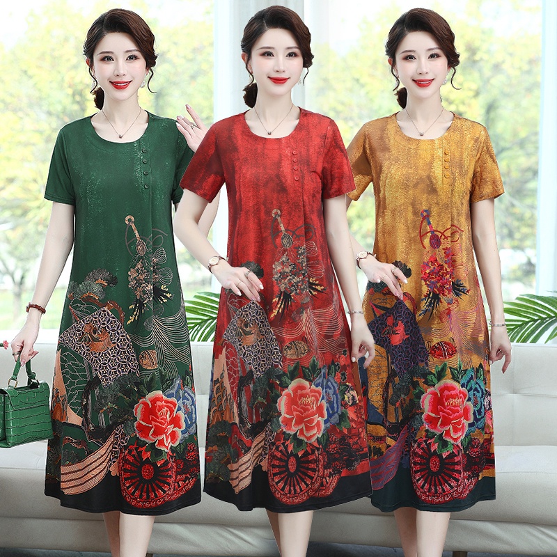 đầm bigsize trung niên Đầm Dáng Dài Màu Đỏ Thời Trang Mùa Hè Phong Cách Phương Tây Hàng Mới 2022 Dành Cho Nữ Trung Niên 50 Tuổi