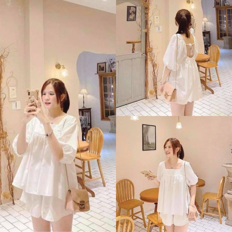 SET ĐỒ BERA SET màu trắng gồm áo và quần form chuẩn không kén dáng thiết kế sau lưng áo thắt nơ nhẹ | BigBuy360 - bigbuy360.vn
