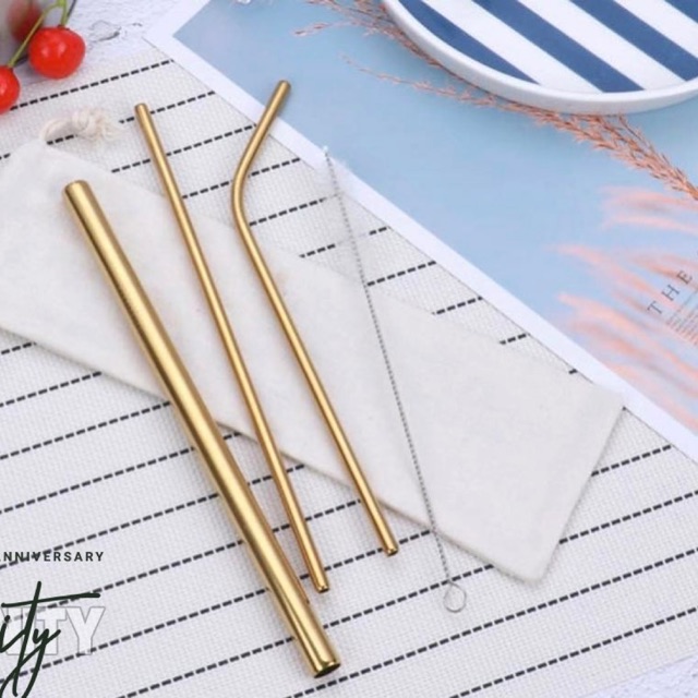 Set ống hút inox màu vàng kim bảo vệ môi trường kèm túi đen