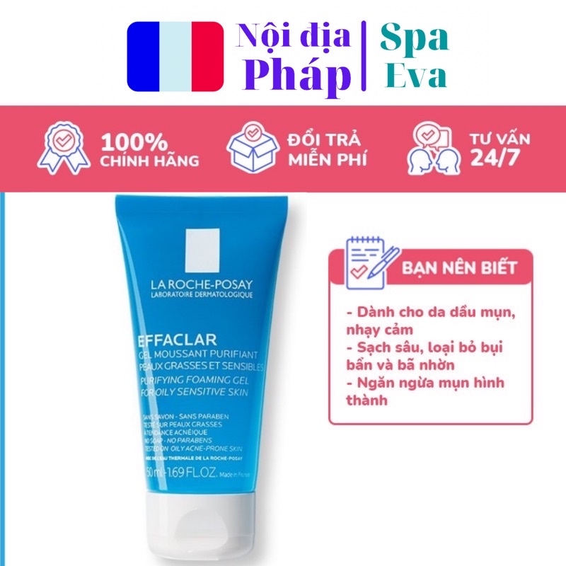 [MẪU MỚI 2021] Gel rửa mặt tạo bọt làm sạch dành cho da dầu nhạy cảm La Roche-Posay Effaclar Foaming Gel 50ml