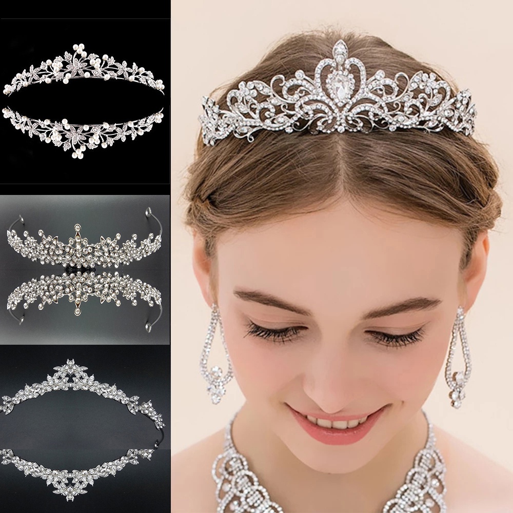 Cài Tóc Hình Vương Miện Đính Pha Lê Và Ngọc Trai Cho Cô Dâu