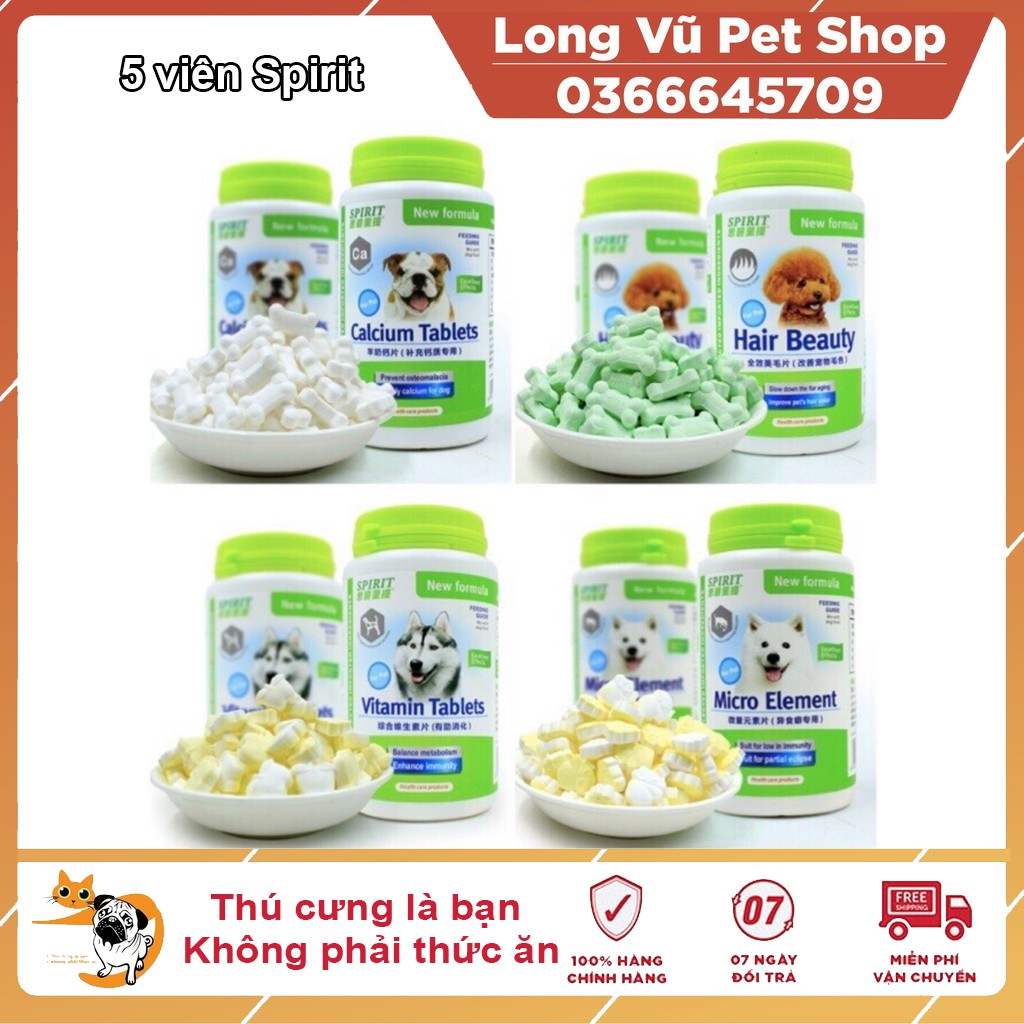 Combo 5 viên Canxi/Khoáng/Vitamin/Dưỡng lông Spirit cho chó  mèo