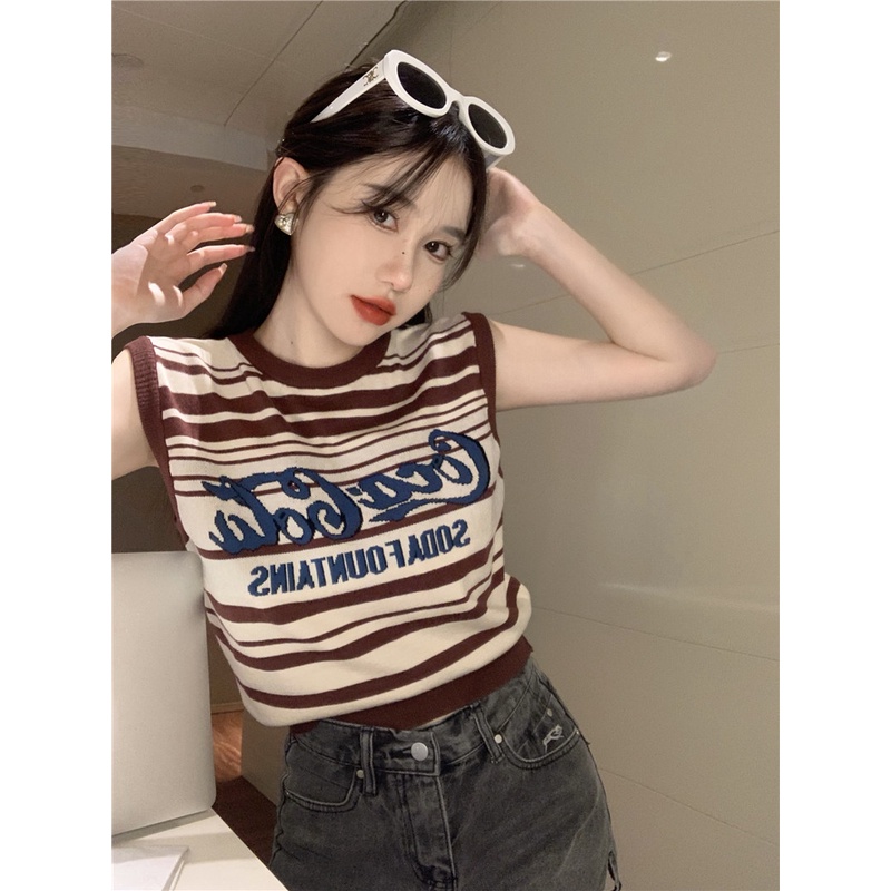 Áo Tank Top Dệt Kim Sát Nách Kẻ Sọc Phối Màu Tương Phản Kiểu Retro Mỹ Cá