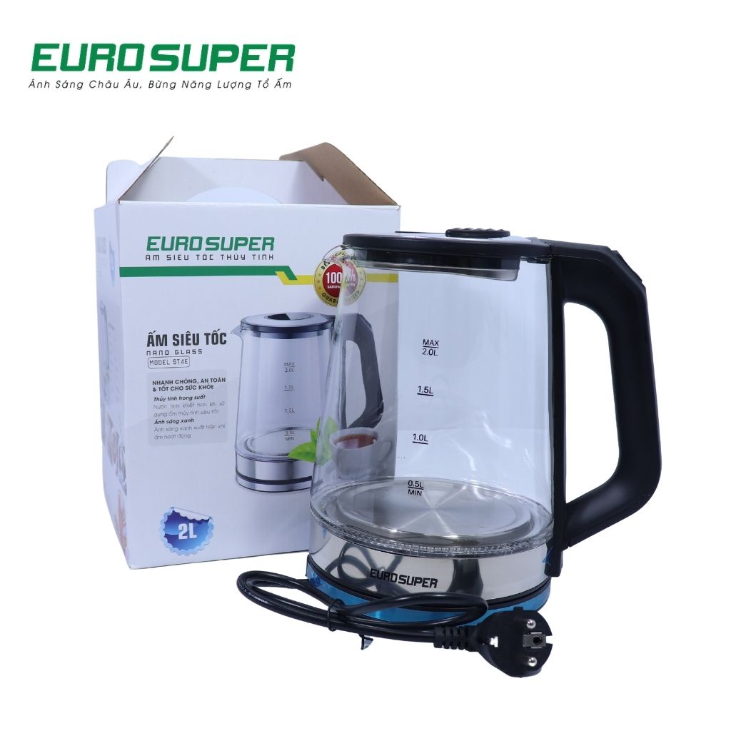 Ấm Đun Nước Siêu Tốc EUROSUPER Bình Siêu Tốc Thủy Tinh Cao Cấp Chịu Nhiệt Tốt 2L ST4E ES