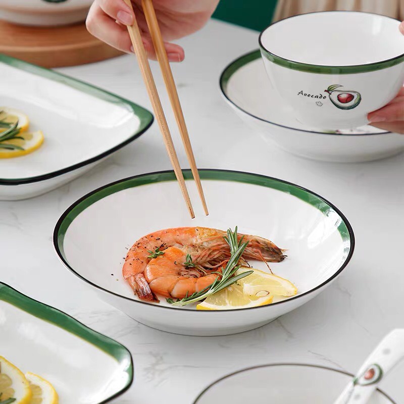 Bộ bát đĩa quả bơ , bộ chén dĩa sứ viền xanh Alifis